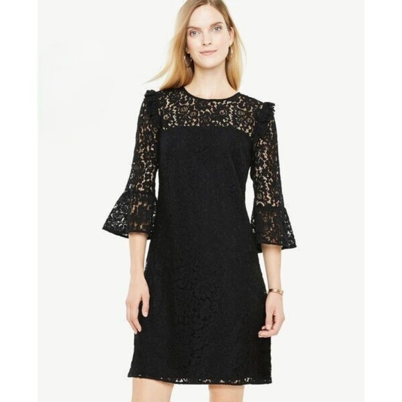 NWT Ann Taylor Lace Illusion Bell Ruffle Sleeve Black Dress Sz 0 - Picture 1 of 8